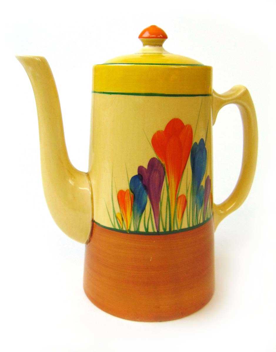 A Clarice Cliff 'Bizarre' Crocus pattern coffee pot, printed and moulded marks, 19cm high