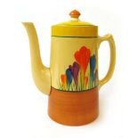 A Clarice Cliff 'Bizarre' Crocus pattern coffee pot, printed and moulded marks, 19cm high