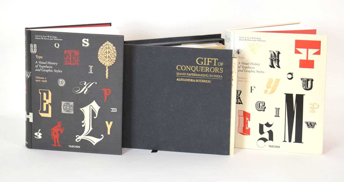 Taschen: 'Type' vols I & II together with 'Gift of Conquerors, Hand Papermaking in India' by