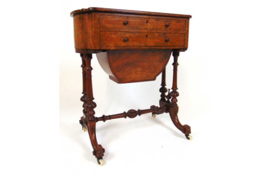 A Victorian quarter-sawn figured walnut, satinwood strung and burr walnut banded sewing table, the - Image 4 of 5