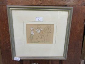 A framed and glazed pencil drawing of young children with horse