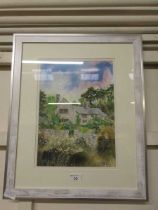 A framed and glazed possible watercolour of cottage scene signed bottom right Garratt