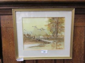 A framed and glazed oil on canvas of ducks in estuary scene, signed indistinctly to bottom right