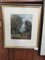 A framed and glazed oil on board of woman in country lane scene, indistinctly signed bottom right