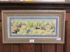 A framed and glazed possibly Persian painted bone plaque depicting horse archery scene