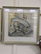 A framed and glazed watercolour of continental street scenes signed Hupart '58