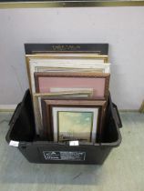 A box containing a selection of prints, oriental silk artwork, watercolours, etc