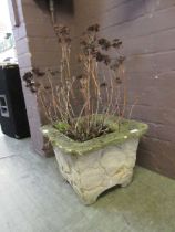 A composite stone square garden planter with brickwork effect design containing plant