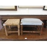 Two mid 20th century stools, one having a seagrass seat, the other having a pale blue upholstered