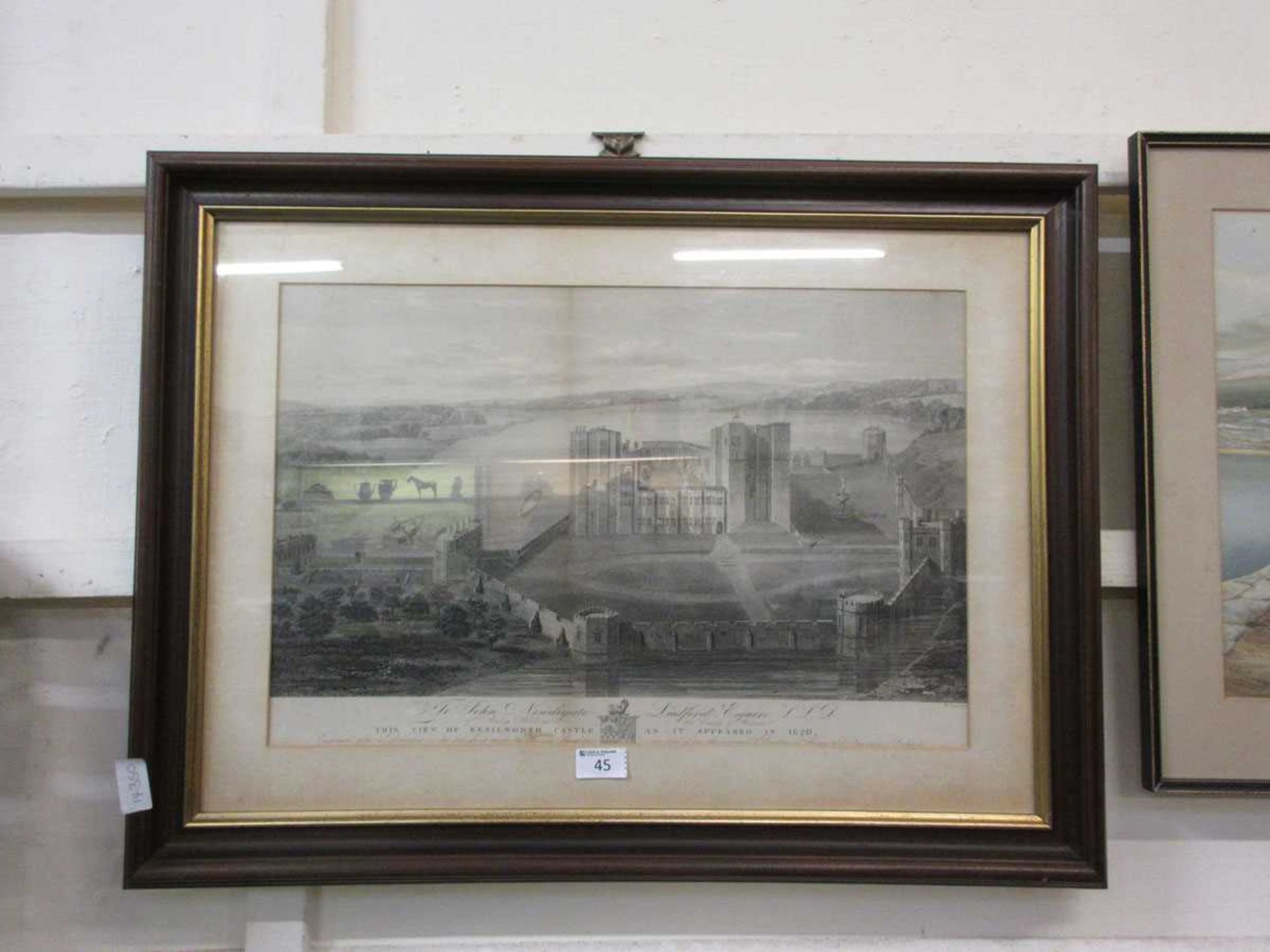 A framed and glazed etching of view of Kenilworth castle as it appeared in 1620