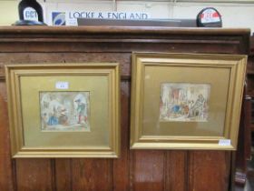 A pair of gilt framed and glazed watercolours of 16th century interior scene