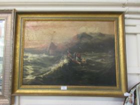 A gilt framed oleograph of rowing boat in stormy sea
