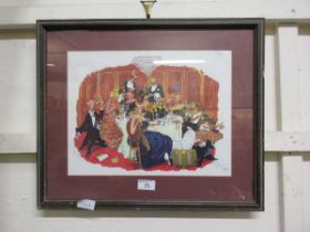 A framed and glazed limited edition print of a comical dinner scene. 2/33 signed bottom right