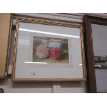 A small framed and glazed watercolour of rosebuds