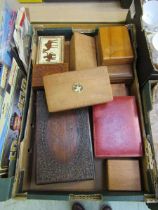 A tray containing wooden and other storage boxes