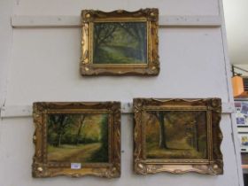 Three modern framed and glazed oils on board woodland scenes