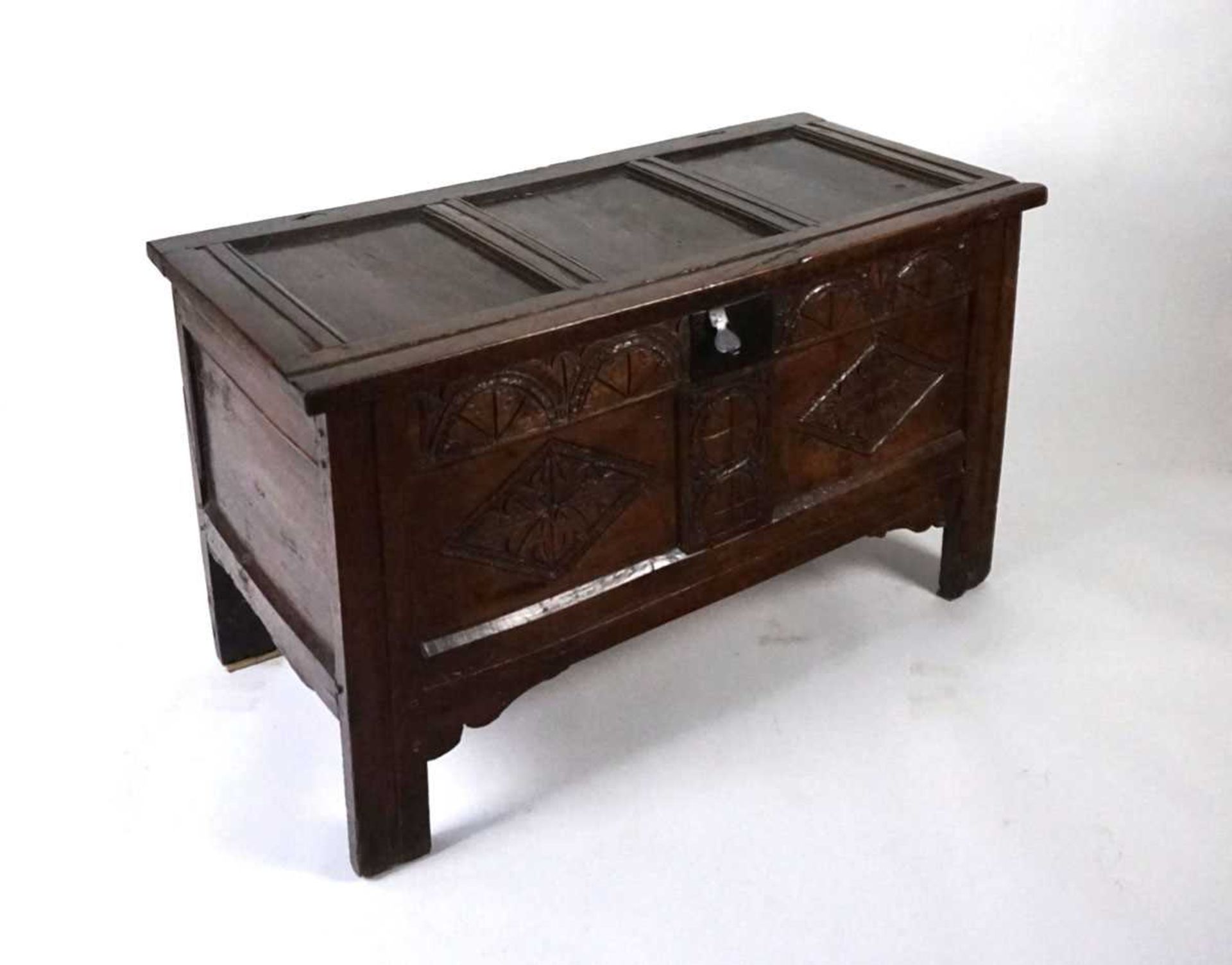 A late 17th/early 18th century oak coffer, the top with three recessed panels and split pin - Image 8 of 8