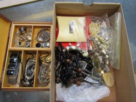 A box containing costume jewellery, cash's silk, wooden box, etc