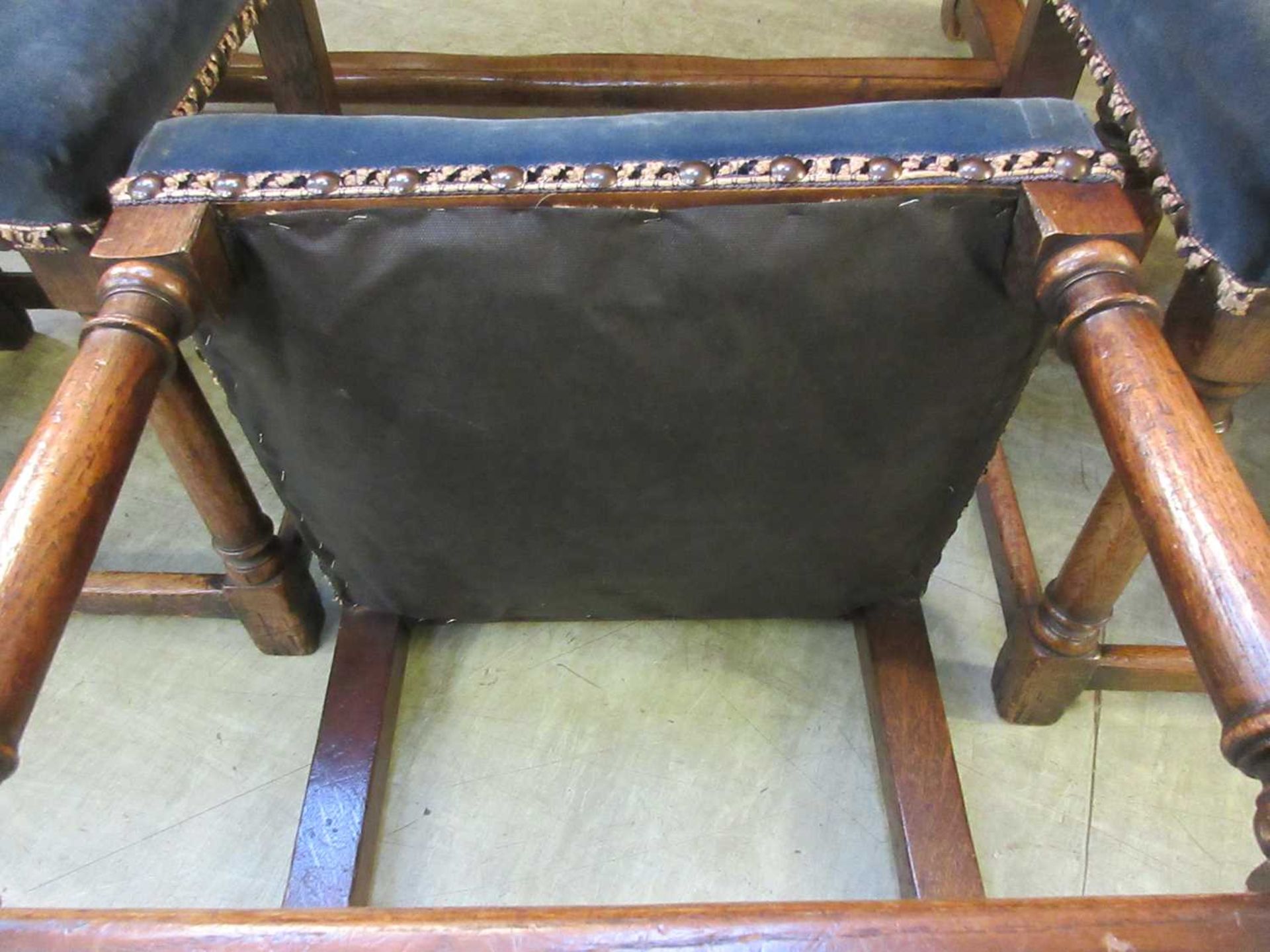 A set of six late Victorian oak Jacobean style dining chairs, with upholstered backs and seats on - Image 8 of 12