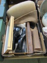 A tray containing a pair of Barker black leather shoes, overstuffed cushion, etc