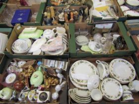 Four trays of ceramic and other metalware to include plates, figurines, etc