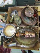 Two trays of brass and copper and other metalware