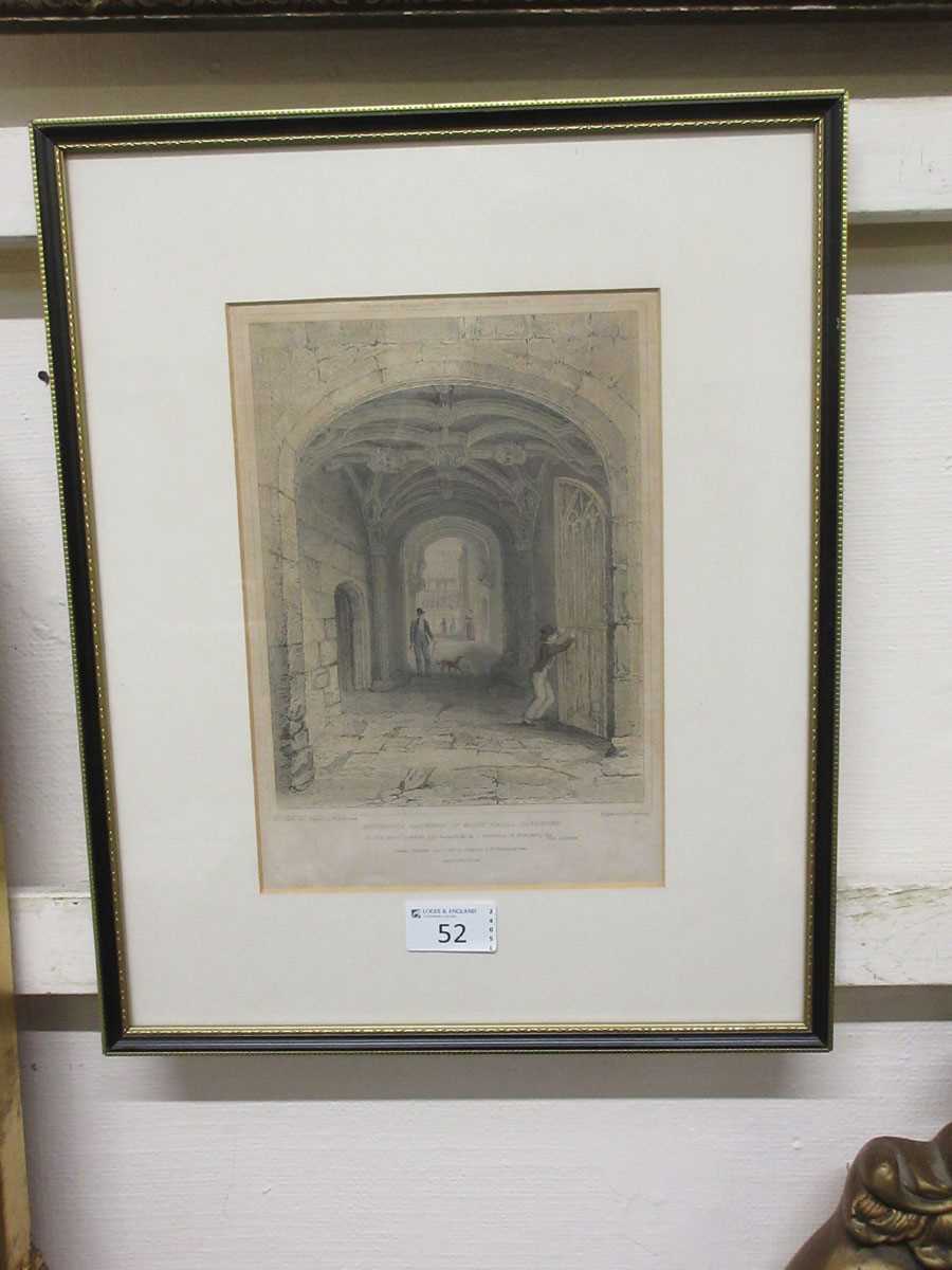 A framed and glazed engraving 'Entrance gate, St Mary's Hall, Coventry'