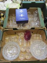 Two trays of cut glassware being drinking vessels, bowls, decanters, etc