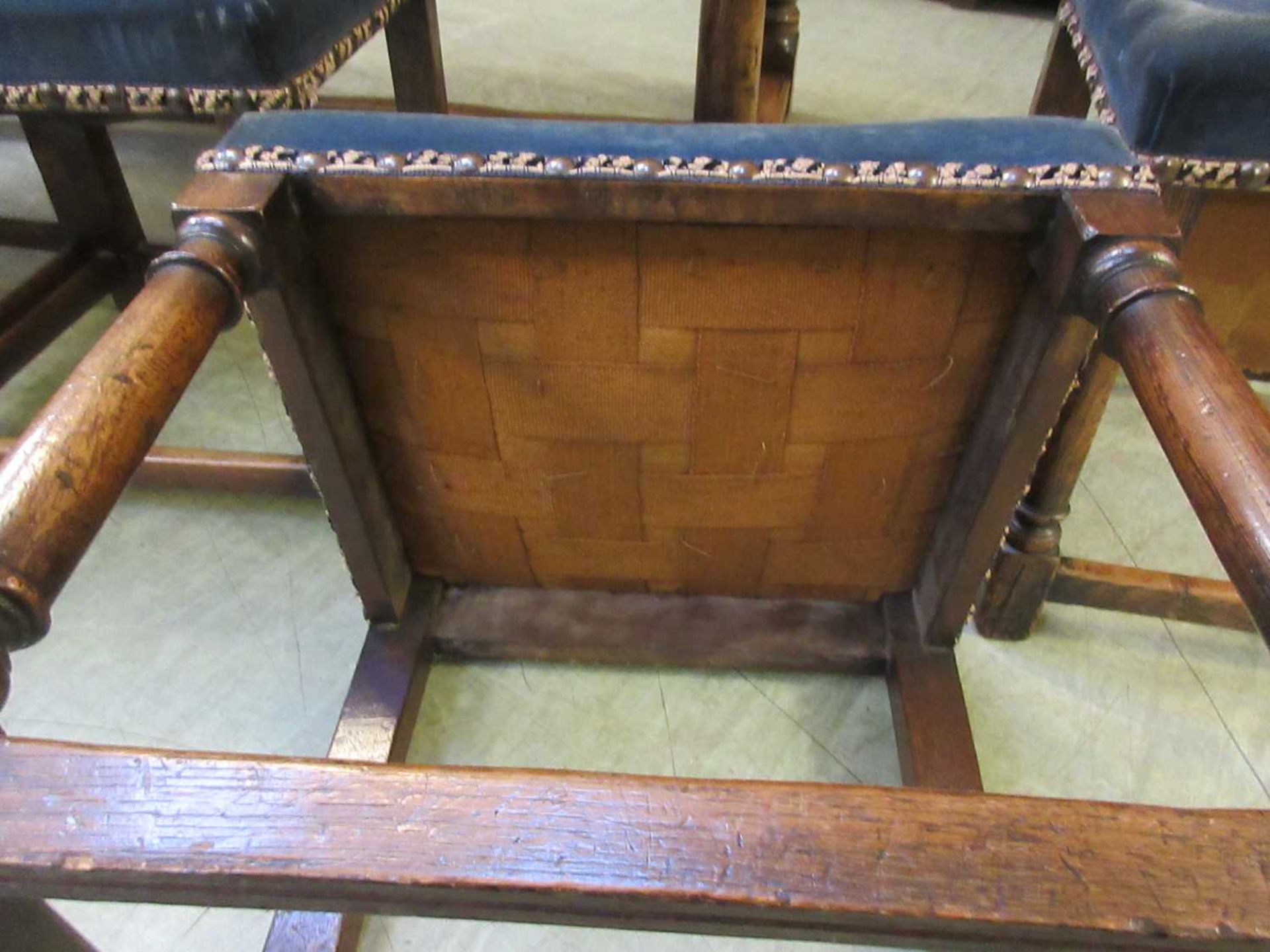 A set of six late Victorian oak Jacobean style dining chairs, with upholstered backs and seats on - Image 4 of 12