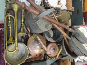 Two trays of assorted brass and copperware to include bed warming pans, kettles, jugs, etc