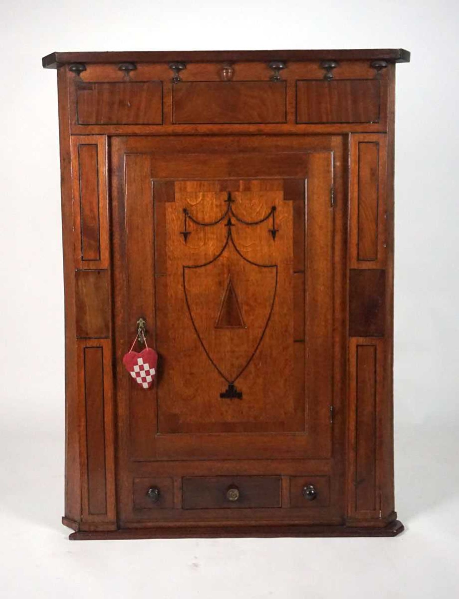 A provincial 19th century oak wall mounted corner cupboard, the door with inlaid ebony shield - Image 2 of 12