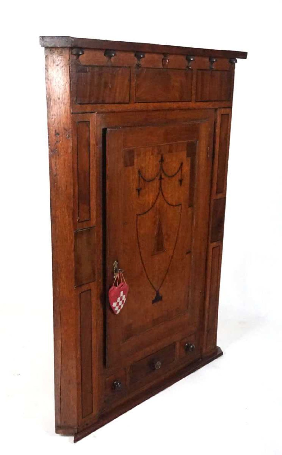 A provincial 19th century oak wall mounted corner cupboard, the door with inlaid ebony shield - Image 10 of 12