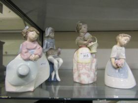 Four Nao ceramic figurines of children to include boy with cat, girl with basket, etc
