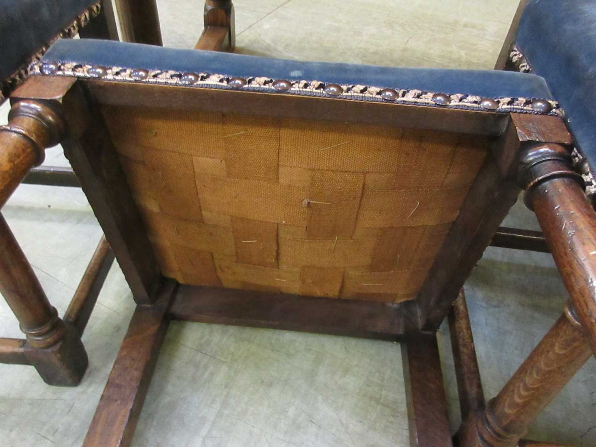 A set of six late Victorian oak Jacobean style dining chairs, with upholstered backs and seats on - Image 11 of 12