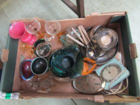 A tray of assorted glassware, metalware, old clocks, etc