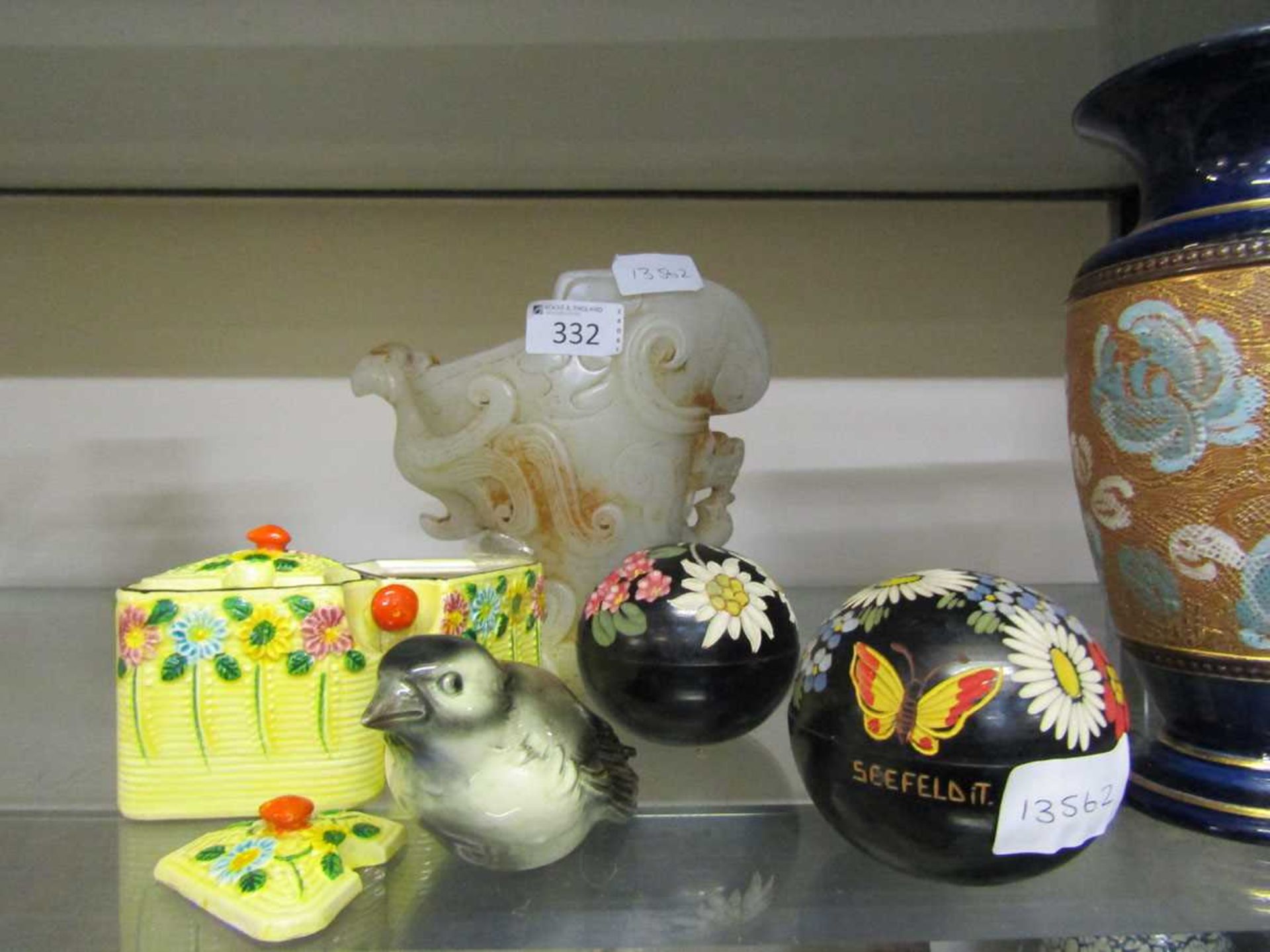 A mixed lot of items consisting of Goebel ceramic figurine of a bird, oriental soapstone style