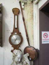 A late Victorian mahogany banjo barometer along with a brass and copper bed warming pan