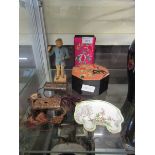 An assortment of oriental style items to include boxes, enamel tray, figure, etc