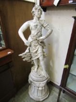 A white painted weathered stoneware statue of young girl on plinth