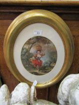 An oval gilt framed French print of young lady carrying water