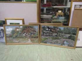 Five framed and glazed woolworks of cottage scenes