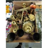 A tray of metalware to include bugle, ashtrays, candlesticks, shell cases, etc