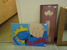 An Ikea Solymyra 1999 'Slamm!' picture together with a framed and glazed print of flower in vase