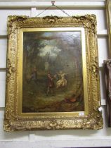 A Victorian ornate gilt framed oil of 17th/18th century people at play, unsigned, 27" x 19.5" (36" x