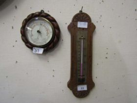 An early 20th century rope effect oak barometer together with one other thermometer