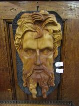 A moulded plaque on wooden backing depicting gentleman's face