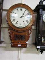 A late Victorian mahogany inlaid drop-dial wall clock Missing pendulum, unsure of functionality.