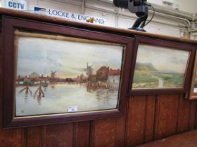 Two oak framed and glazed watercolours, one of windmill scene, the other of cattle in field