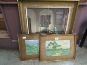 A framed and glazed print of young ladies at work together with two prints of countryside scenes