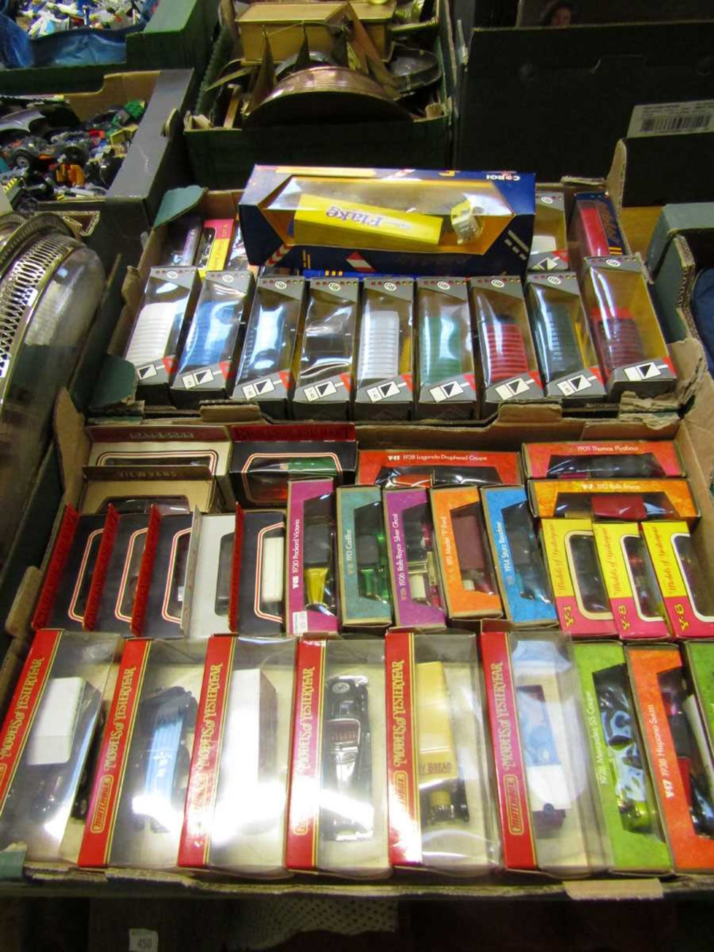 Two trays of boxed Models of Yesteryear die cast vehicles and others to include Corgi, lorries,